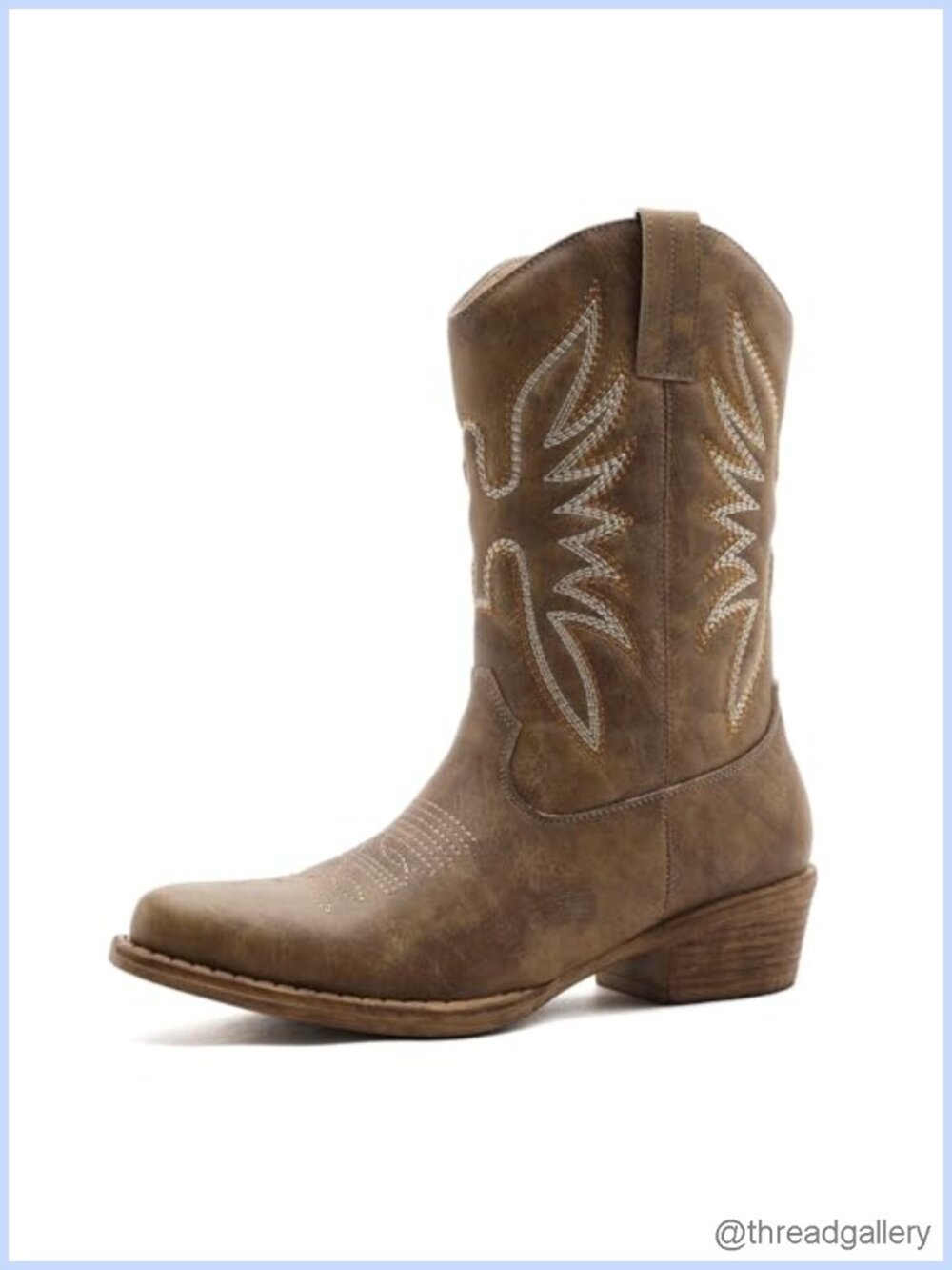 Western Cowboy Boots Square Toe Mid-Calf Faux Leather Vegan